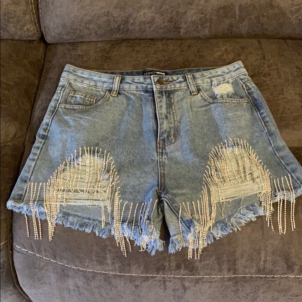 Crystal fringe jean shorts